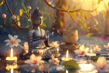 a statue of a buddha with flowers and candles - obrazy, fototapety, plakaty