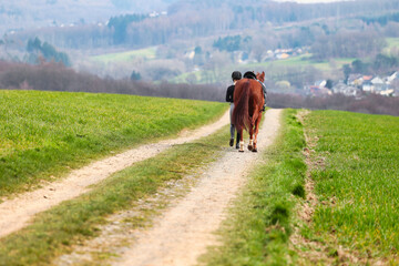 Rider walks her horse along a field path, landscape image in landscape format.