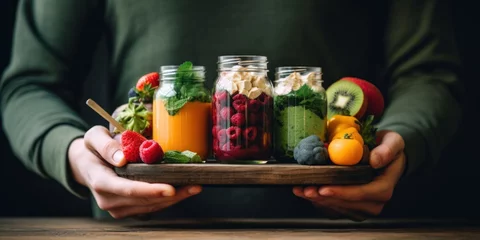 Gordijnen hands holding a glass jar with fruit shakes surrounded by fresh fruits and vegetables on a wooden stand. © ORG