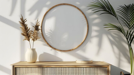 Obraz na płótnie Canvas Oval shape mockup photo frame bamboo border, on chest drawer in modern living room, 3d render