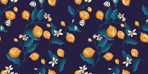 Abstract artistic floral stems with lemon, lime, flowers, buds, leaves seamless pattern. Vector hand drawn Illustration. Colorful summer branches with yellow fruits for print on a dark background - obrazy, fototapety, plakaty