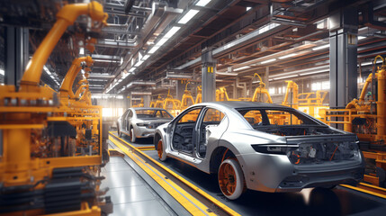 Interior of factory with assembly line for modern cars