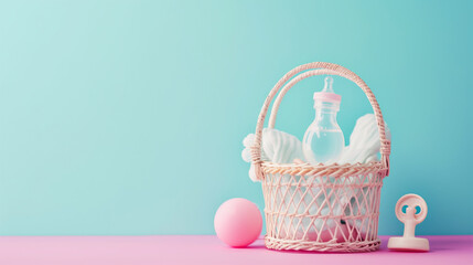 Postpartum basket on a blue background. New mom and pregnancy gift concept. Baby cosmetic and pacifier in basket. Free space for text, copy space.