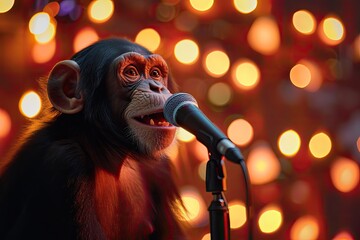 A monkey is singing into a microphone