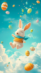 Cute cartoon bunny flying along with colorful Easter eggs against the blue sky. Christian holiday and April concept. Vertical Banner