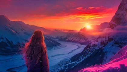 Cercles muraux Violet A woman looking into the scenic , spectacular beauty of the mountain with the sunseting sun.