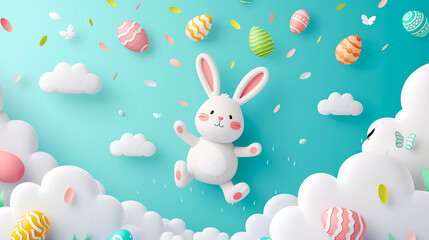 Cute cartoon bunny flying along with colorful Easter eggs against the blue sky. Christian holiday and April concept.