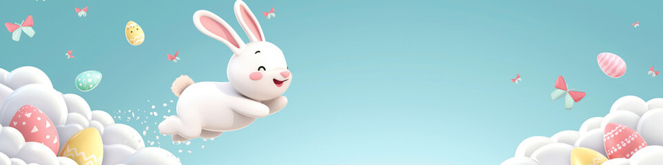 Banner Cute cartoon bunny flying along with colorful Easter eggs against the blue sky. Christian holiday and April concept.