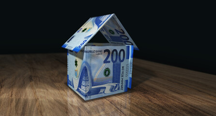 Azerbaijan manat 200 ILS money banknotes paper house on the table 3d illustration