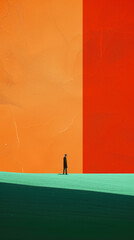 Small man in black stands against the backdrop of a large red-orange wall. Japanese minimalism concept. Minimalist landscape style. Loneliness and depression concept. Vertical Banner