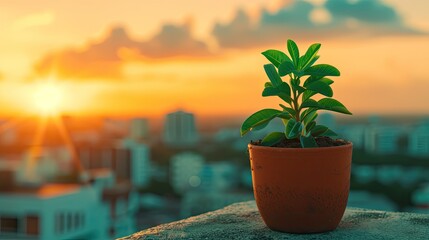 A small plant in a pot is sitting on a ledge in front of a city skyline