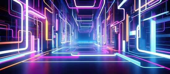 Abstract Futuristic Interior With Neon Tubes.