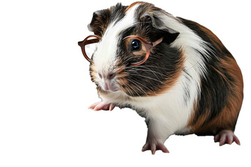 A guinea pig with gray and white stripes, sitting on a pile of books and wearing glasses. Isolated on transparent background, png file.