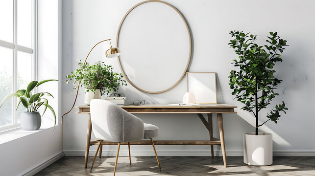 Oval shape mockup photo frame fabric border, on study desk in modern living room, 3d render