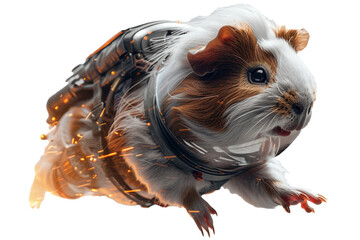 A guinea pig with white and gray fur, wearing a space suit and a helmet, floating in space. Isolated on transparent background, png file. - obrazy, fototapety, plakaty