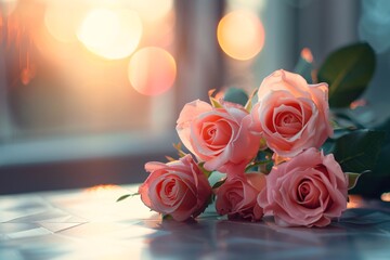 a group of pink roses on a table - obrazy, fototapety, plakaty