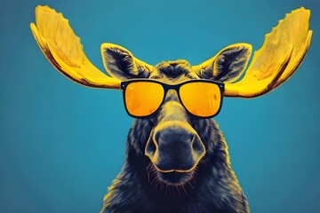 Cute male bull moose with antlers looking cool wearing bright yellow tinted sunglasses on a blue background. Image created with Generative  AI