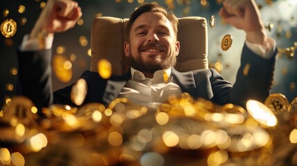Happy businessman bitcoin coin
