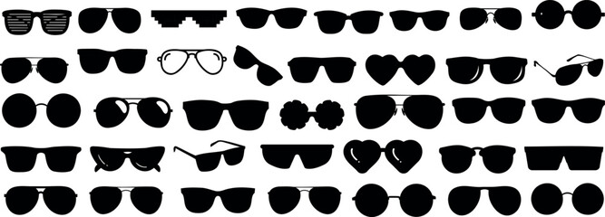 Sunglasses vector collection, modern vintage styles, fashionable eyewear silhouettes, black sunglasses illustration, white background, perfect for fashion designs, icons, graphics - obrazy, fototapety, plakaty