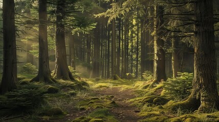 Lush forest scenery with dense woodlands, inspired by English, Irish, and Scottish forests, featuring a perspective reminiscent of folklore and legends like King Arthur, Lord of the Rings. - obrazy, fototapety, plakaty
