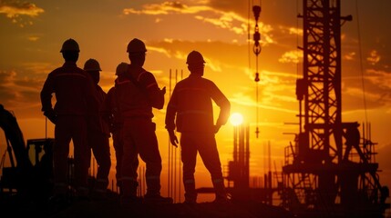 Fototapeta na wymiar Silhouettes of a group of male engineers wearing hard hats and engineering uniforms Construction project management sunset