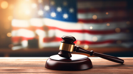 Judges wooden gavel with bokeh flag in the background - obrazy, fototapety, plakaty