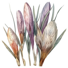 Colorful spring crocuses in watercolor, showcasing detailed botanical illustrations, ideally isolated against a transparent background - obrazy, fototapety, plakaty