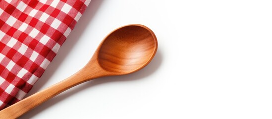 Wooden spoon and red checkered fabric on a white backdrop.
