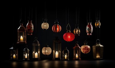 A collection of lanterns arranged on a black background