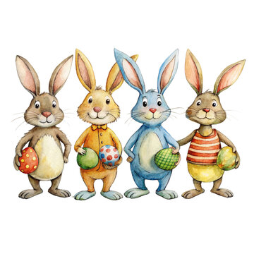 Line of cartoon Easter bunnies with eggs - Four jolly Easter bunnies holding Easter eggs, depicted in a fun cartoon style suitable for festivities