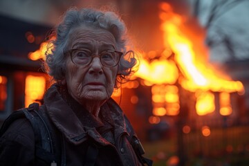 Fototapeta premium Sad senior woman in tears, backdrop of burning house with flames