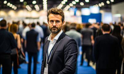 Focused young businessman at an industry conference, observing exhibition stands and networking opportunities in a crowded event hall with blurred participants - obrazy, fototapety, plakaty
