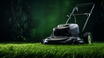 Lawn mower on perfect cut green grass dark green leaf - obrazy, fototapety, plakaty