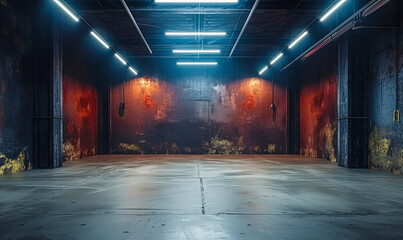 Mysterious empty warehouse interior with dim lighting and fluorescent lamps highlighting the spacious industrial atmosphere and dark, grungy walls - obrazy, fototapety, plakaty