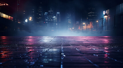 Light effect blurred background. Wet asphalt night view