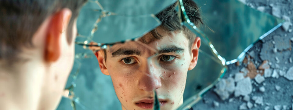 Boy teenager reflection in a broken mirror