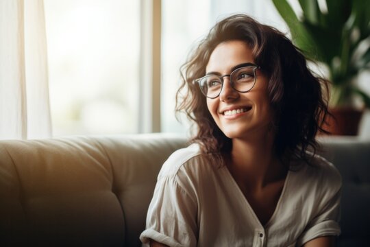 Smiling young woman wearing casual clothes and glasses sitting relaxed on sofa