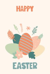 Happy Easter card (poster) on a holiday theme. Trendy design with typography, spring hand drawn botanical elements, egg, textures in vintage colors (orange and green). Minimalist style of modern art.