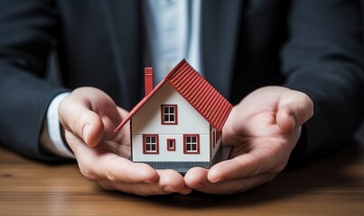 Men's hands hold the model of a small house