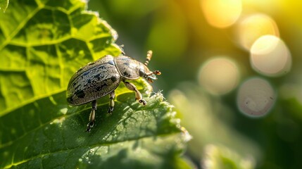 Close-up of Insect perched on foliage with diffused sunlight.