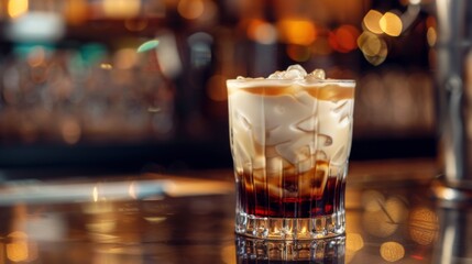 White Russian cocktail on bar background. Glass of alcoholic drink - obrazy, fototapety, plakaty