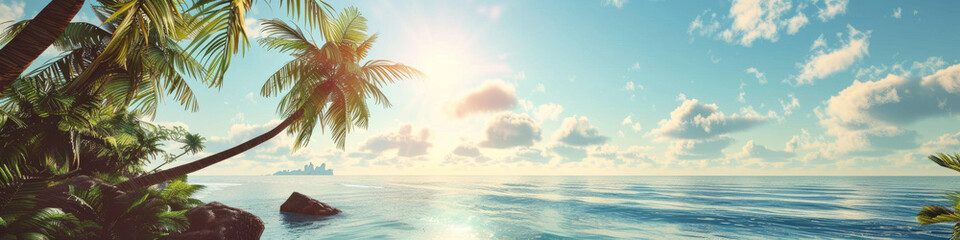 Island Daydream, Serene Beach Morning with Sunlit Palms. Vacation banner. Tourism and travel concept