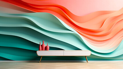 wall with turquoise wave and  red waves, room, office, interior, backdrop, minimalism