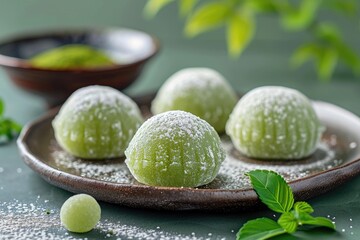 A close-up image showcasing a plate of dusted matcha mochi, highlighting the delicate texture and powdered sugar topping with a subtle backdrop of green leaves.