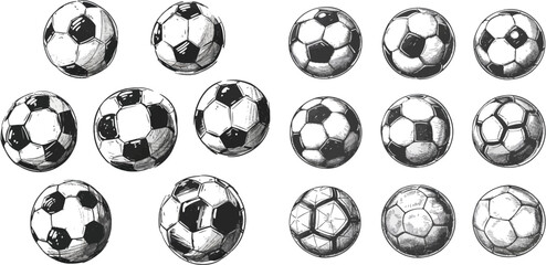 Sketch soccer balls. Hand drawn flying association football ball - obrazy, fototapety, plakaty