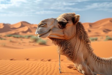 Camel posing against the backdrop of sweeping desert dunes and a bright blue sky.