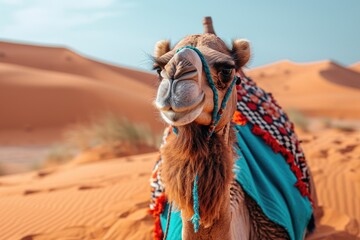Camel adorned with colorful textiles, posing against the backdrop of sweeping desert dunes and a bright blue sky.