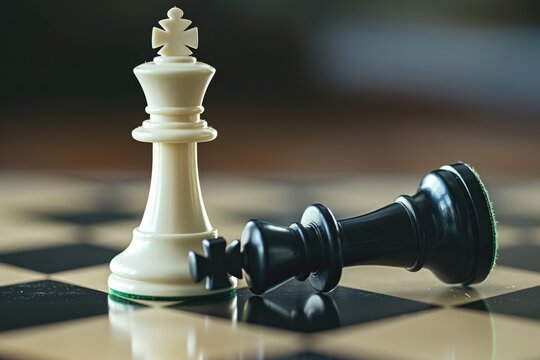 In the final position of a chess game, the white king piece stands victorious as the black king lies defeated on the wooden board.
