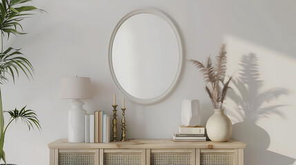 Oval shape mockup photo frame resin border, on bookcase in modern living room, 3d render