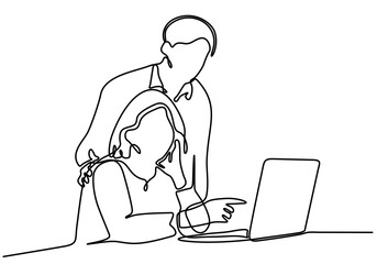 continuous line art vector illustration Granddaughter helps old grandmother with computer